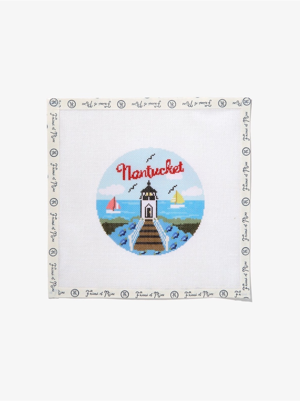 FRIEND OF MINE NANTUCKET TRAVEL ROUND NEEDLEPOINT CANVAS 18 mesh